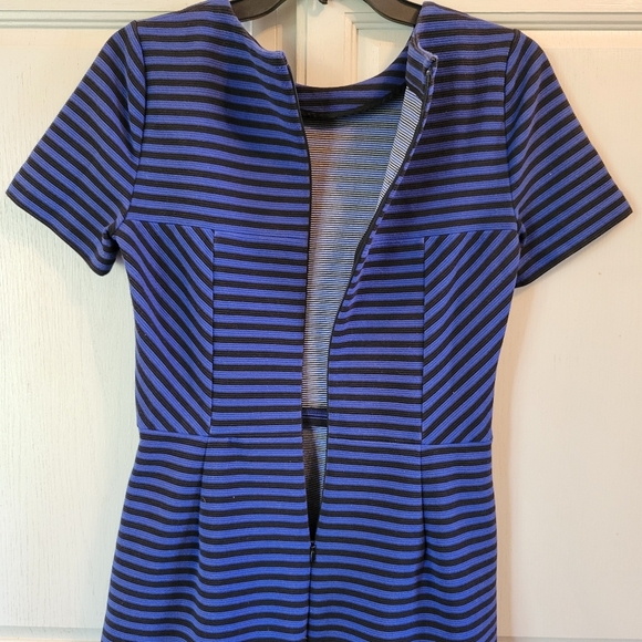 Madewell Blue Black Striped Textured Short Sleeve Dress - Picture 3 of 7